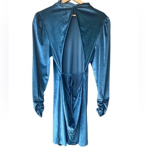 Revolve LPA Dress Mini Cocktail Blue Size XL Velvet Backless Puff Sleeve - Picture 7 of 11